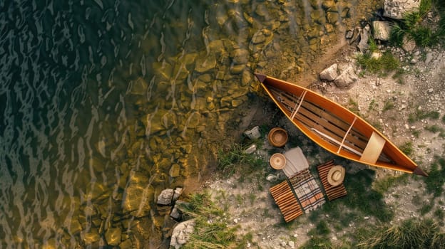 An aerial view of two boats peacefully floating on the serene lake surrounded by natural landscape with trees, grass, and other terrestrial plants AIG50