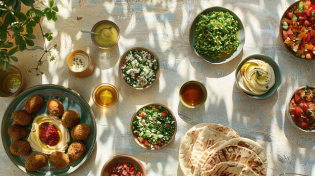 A variety of dishes showcasing different cuisines and ingredients are displayed on the table, highlighting the art of food preparation using natural foods and produce AIG50