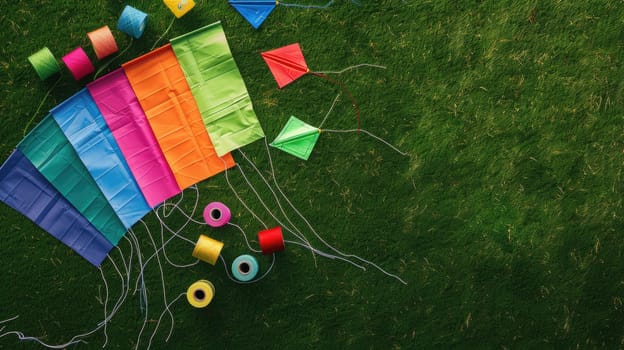 A collection of triangular kites resting on the vibrant grass in a picturesque landscape. A leisure event filled with fun and art in the lush grassland AIG50