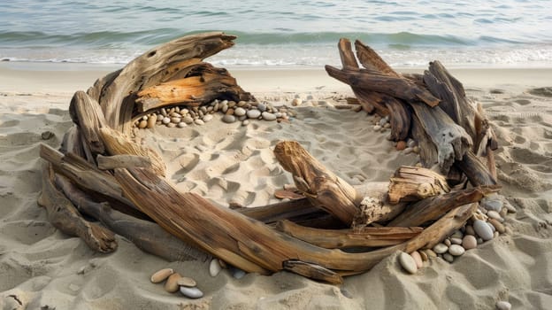A jumble of driftwood lies scattered on the sandy beach, home to terrestrial animals and wildlife. Its a perfect spot for macro photography and creating art with wood AIG50