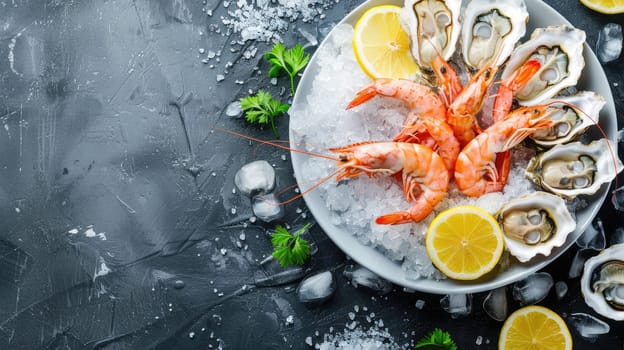 A bowl of oysters, shrimp, lemons, and ice sits on a table, ready to be enjoyed. This arrangement of fresh seafood and citrus is perfect for a refreshing seafood dish AIG50