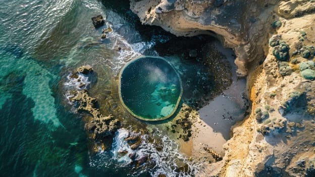 A breathtaking aerial view of a water body encircled by rocks, with green grass and trees creating a stunning natural landscape resembling a painting AIG50