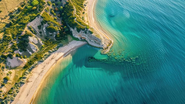 Capturing the mesmerizing patterns of waves crashing on a beach from an aerial view using macro photography, showcasing shades of electric blue against the sandy shore AIG50