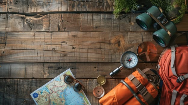 A pair of hiking boots, binoculars, a compass, and a map are displayed on a rustic wooden table in a landscape painting featuring plants and trees AIG50