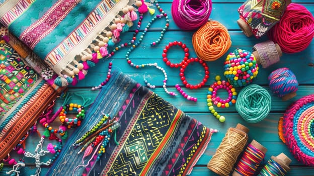 A creative arts product display featuring a wooden table topped with a variety of body jewelry items such as colorful bracelets and beads in magenta, aqua, and other vibrant colors AIG50