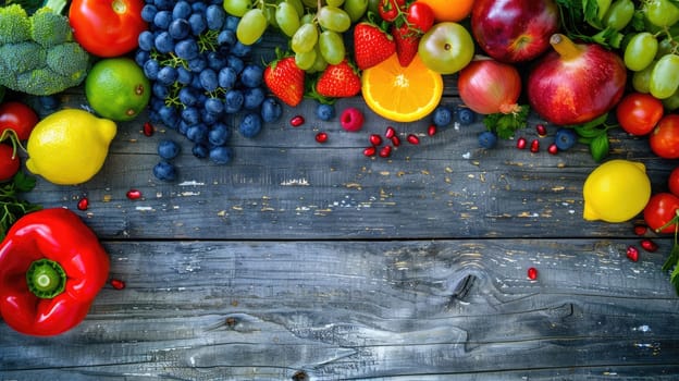 A hardwood table decorated with an assortment of fresh fruits and vegetables, capturing the beauty of local, whole foods in a stunning still life photography AIG50