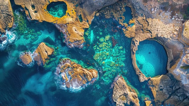 Aerial view of a vast body of water bordered by rocky terrain, showcasing a beautiful natural landscape with a mix of terrestrial plants and trees AIG50