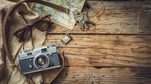 A camera, sunglasses, keys, and a map lay on a hardwood table, showcasing a beautiful wood grain pattern. The rectangle table is made of sturdy planks with a rich wooden font AIG50