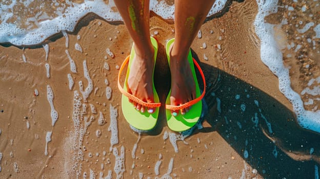 A pair of flip flops in electric blue sit on the beach next to the azure ocean, signifying leisure and happiness in sportswear art AIG50