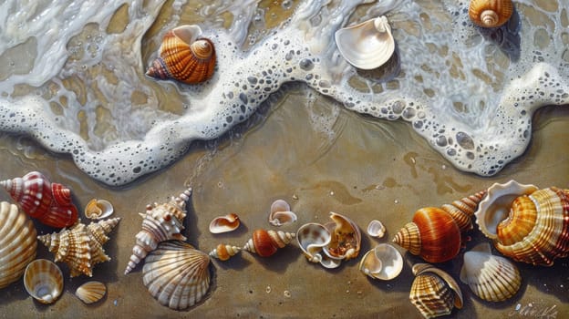 Various mollusc shells are scattered on the sandy beach, creating a beautiful pattern. These natural materials originate from the water and terrestrial animals AIG50