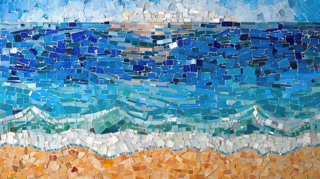 A stunning mosaic painting depicting the beauty of nature with seashells and starfish on a beach. The artwork captures the essence of the natural world in electric blue hues AIG50