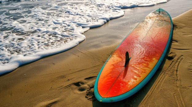 A surfboard rests on the beach as the sun sets, casting a golden glow over the water. The wind waves gently lap at the shore, creating a peaceful and serene natural landscape AIG50