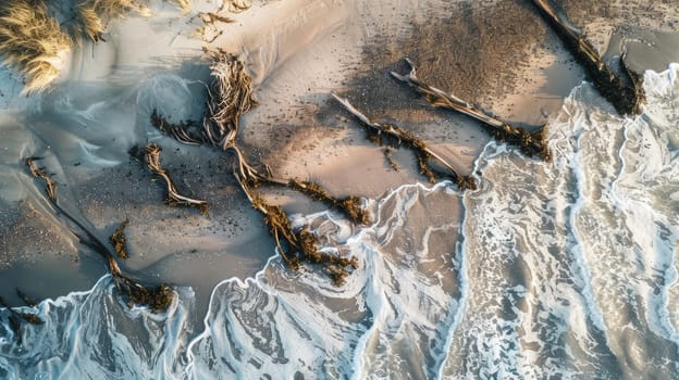 A breathtaking aerial view of waves crashing on a sandy beach, creating a beautiful water and rock landscape art in the world AIG50