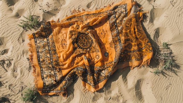A rug with an electric blue pattern lies on the sandy beach, contrasting with the neutral landscape of sand and rocks. The motif creates a striking art piece amidst the geology of the wood flooring AIG50