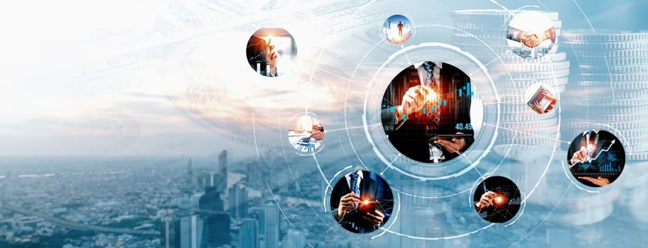 Futuristic business digital financial data technology concept for future big data analytic and business intelligence research for businessman analyst invest decisions making panoramic banner vexel
