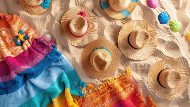 An electric blue hat, patterned scarf, stylish sunglasses, and a rainbow towel are laid out on the beach. The colors create a beautiful circle of art amidst the sand and water AIG50