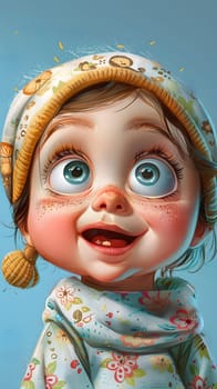 The cartoon baby, with rosy cheeks and a warm hat and scarf, is smiling brightly. Their nose, chin, and eyebrows are all highlighted in the adorable facial expression