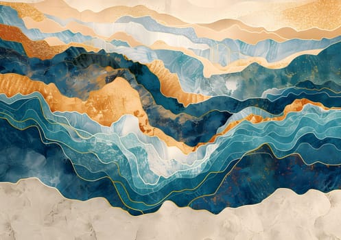 A stunning painting capturing a mountain range surrounded by blue and gold waves, representing the harmony between land and water in nature