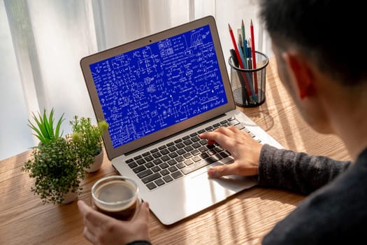 Mathematic equations and modish formula on computer screen showing concept of science and education