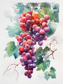 A beautiful watercolor painting capturing the vibrant colors of a bunch of grapes on a vine. The intricate details and natural beauty of the fruit is highlighted, making it a stunning piece of art