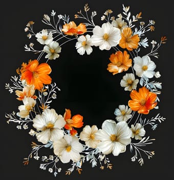 A beautiful bouquet of white and orange artificial flowers arranged in a rectangular shape on a black background