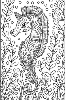 A mythical creature resembling a horse, the seahorse is surrounded by intricate seaweed in a black and white illustration. The art showcases a unique font and pattern within a rectangular frame