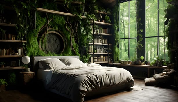 This artistic and imaginative photograph captures a bedroom adorned with a vibrant green wall, evoking a sense of tranquility and serenity. The focal point is a cozy bed, inviting relaxation and rejuvenation.
