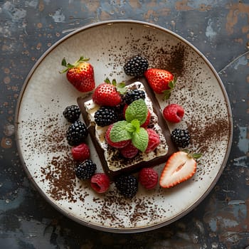 A white plate adorned with a slice of cake and fresh berries, showcasing a delightful combination of food, plantbased ingredients, and natural cuisine
