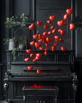 A piano by the window, red heart balloons flying out. A festive Christmas decoration in a plantfilled building. Captured in still life photography at a natural foods event