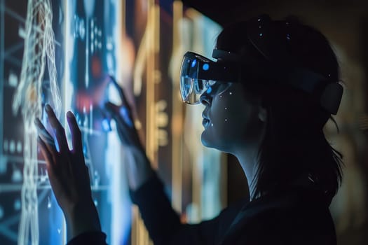 A person wearing AR glasses interacting with a holographic image projected in front of them