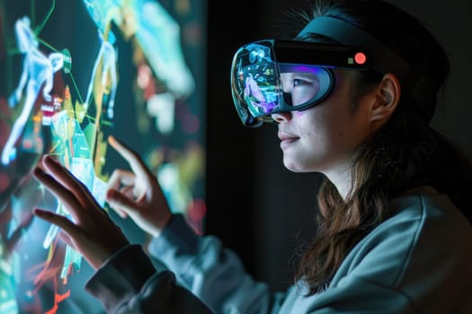 A person wearing AR glasses interacting with a holographic image projected in front of them