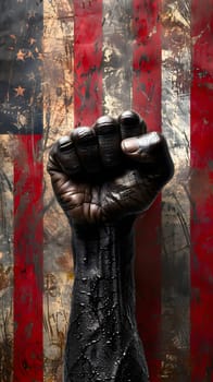 An art piece featuring a black fist against an American flag symbolizes protest and resistance. The contrast of colors and symbols evokes powerful emotions in viewers