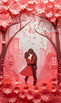 An artistic paper cut featuring a man and woman kissing under a pink tree branch, surrounded by leafy foliage and woody plant twigs