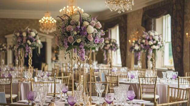 Wedding table decoration with lavender flowers, sweets, cake and candles