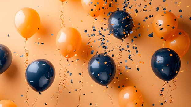 A multitude of amber and electric blue balloons and confetti float through space against a vibrant yellow background, resembling a fluid organism made of wood and paint