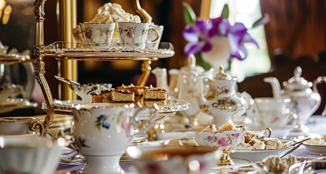 Elegant table setting for tea party with cakes and cupcakes in English manor. Selective focus. Vintage style