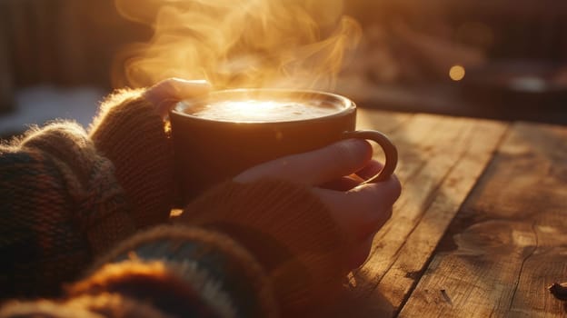 The close up picture of the person is holding the cup of the coffee by their own hand that has been rest on the table made from wood in the cozy warm feel inside the room for the relaxation. AIG43.