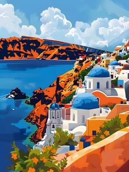 A mesmerizing painting capturing the azure sky, charming blue domes, and tranquil body of water of a Greek island. The urban design and landscape create a perfect summer getaway