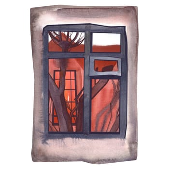 Window with autumn landscape behind the glass. Bare trees, a red brick house and a gray sky. Interior, stage, background. Isolated watercolor illustration on white background. Clipart