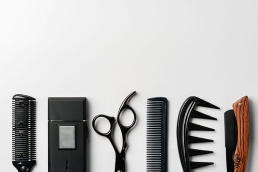 Set of barber tools for haircut on gray background flat lay studio shot