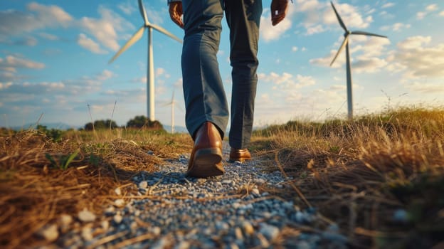 The picture of the person is working as business person walking to work near a grass and windmill, the businessman require skill like management, negotiation, marketing and the communication. AIG43.