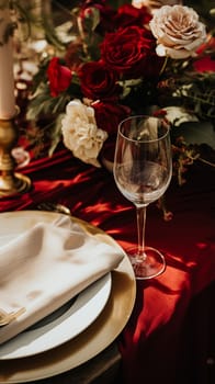 Elegant tablescape, formal dinner table setting with red roses and wine, elegant table decor for wedding, dinner party and holiday event decoration, home styling idea