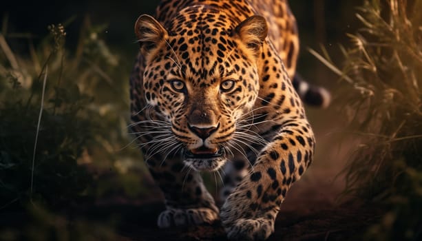 Witness the allure of natures grandeur as a magnificent leopard gracefully traverses through a lush green forest, embracing its natural habitat with regal aplomb.