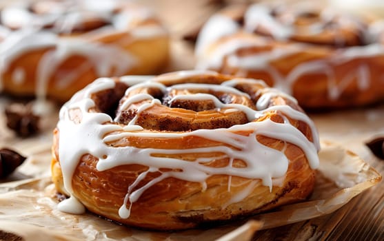 A close up of a sticky bun with icing on a wooden table, a delicious baked good typically found in Danish pastry cuisine using cinnamon as a key ingredient