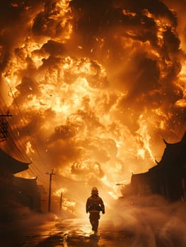 Amidst the dramatic atmosphere of billowing clouds of smoke and flames, a fireman bravely walks down the street as the world watches the geological phenomenon unfold