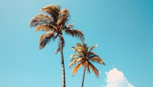 Two palm trees, part of the Arecales order of flowering plants, stand tall against a picturesque blue sky with scattered clouds, creating a serene terrestrial landscape