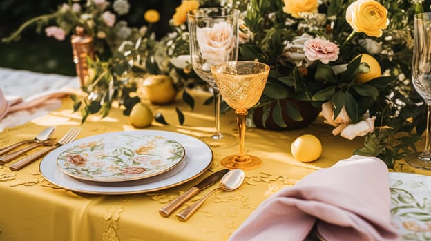 Wedding or formal dinner holiday celebration tablescape with lemons and flowers in the English countryside garden lemon tree, home styling inspiration