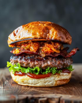 Very tasty Bacon Kimchi Burger close up.