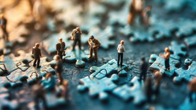 The miniature varies group of employed people that standing still on the uncompleted jigsaw board trying to work together to find the solution for the problem that they talking to each other. AIGX03.