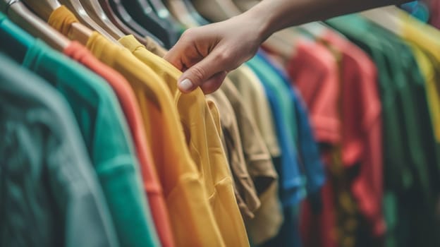 A female hands choosing clothes in a clothing store, Summer outfit.